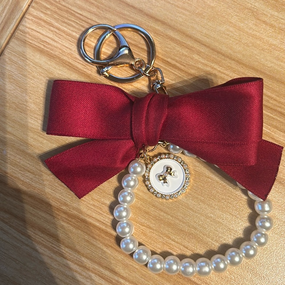 NEW: Dark Red Bow with Pearl Wristlet Bag Charm